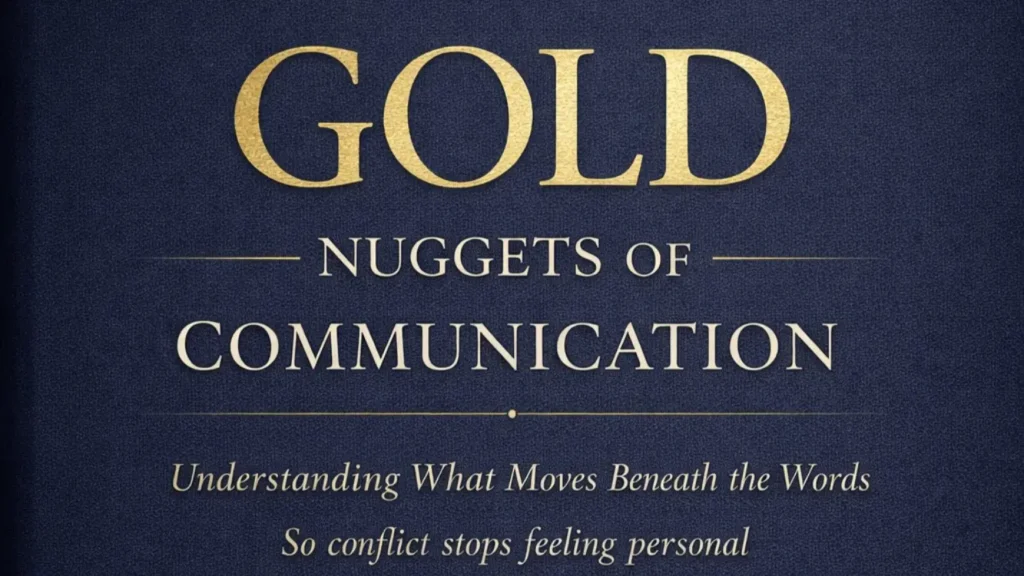 Gold Nuggets of Communication book cover — navy blue hardcover with gold emblem and title by Michelle Matthews