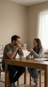 A couple having a tense conversation at the kitchen table, illustrating the communication tension the GOLD Nuggets framework helps resolve