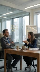 Two colleagues in a tense workplace conversation, illustrating the communication patterns explored in the GOLD Nuggets of Communication framework