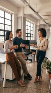 Three coworkers having an engaged conversation in a bright open office, illustrating the GOLD Communication Framework in action