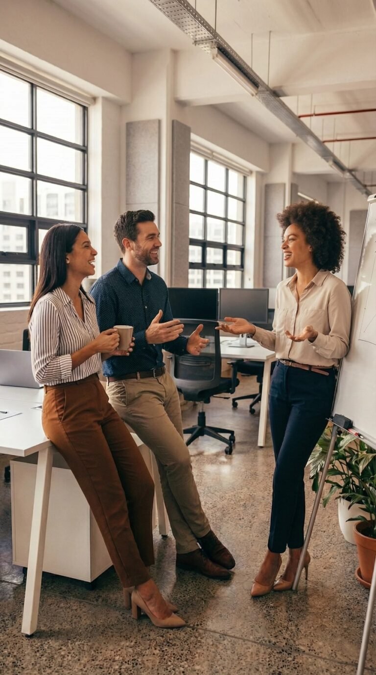 Three coworkers having an engaged conversation in a bright open office, illustrating the GOLD Nuggets of Communication Framework in action