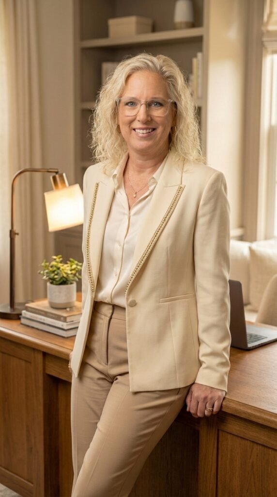 Michelle Matthews, creator of GOLD Nuggets of Communication, leaning against her desk in a neutral ivory pantsuit with gold trim detail and her book visible in the background