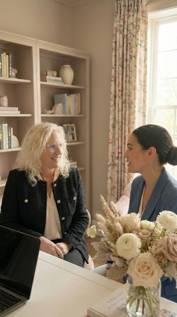 Michelle Matthews in a warm one-on-one conversation in her office, demonstrating the connected communication the GOLD Nuggets framework cultivates