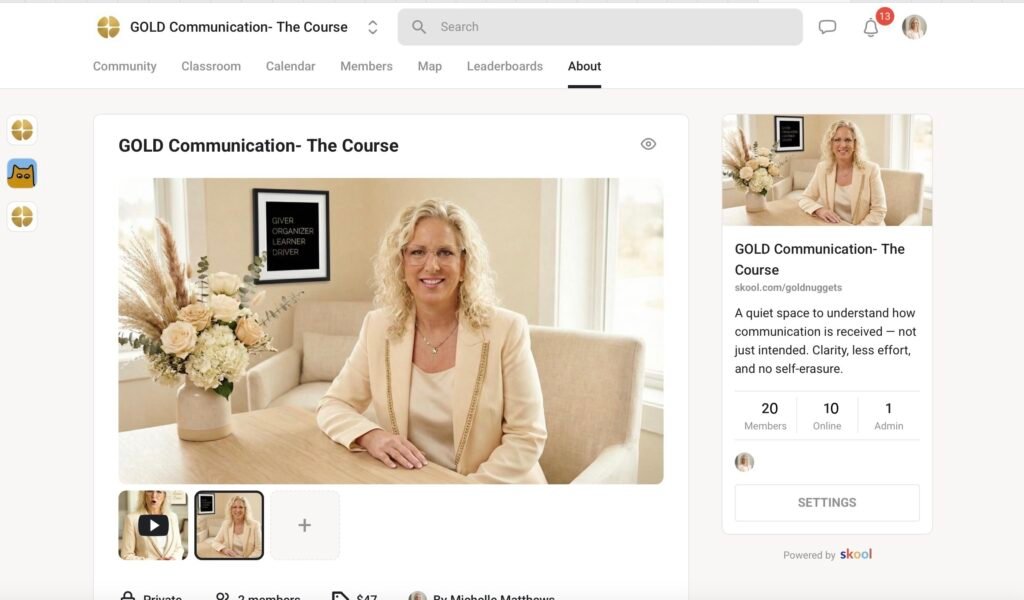 Michelle Matthews, creator of the GOLD Communication Framework, seated at a table in a cream blazer with the GOLD pattern names — Giver, Organizer, Learner, Driver — visible in a framed print behind her.
